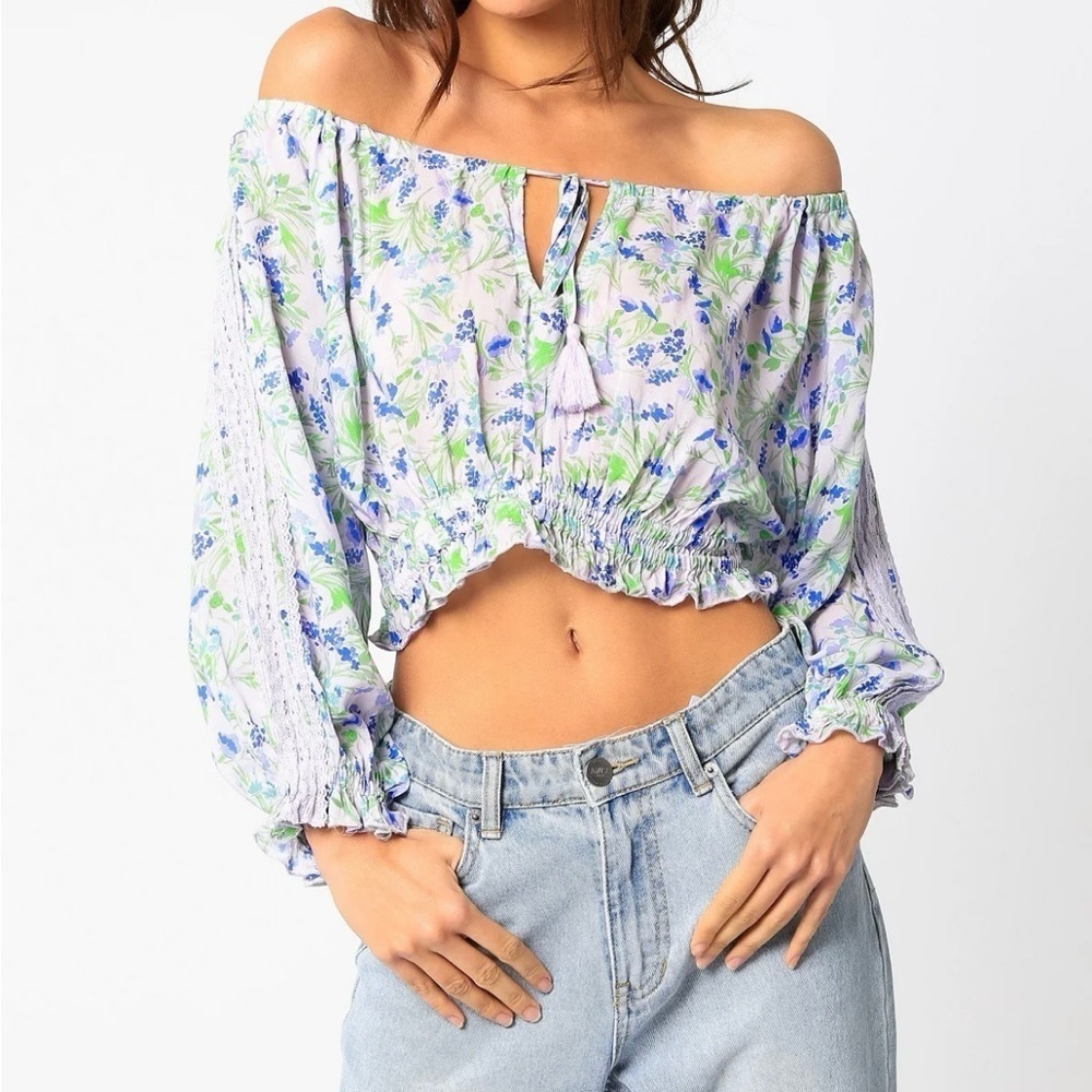 Olivaceous Off The Shoulder Top Size S Cropped Lavender Floral Boho